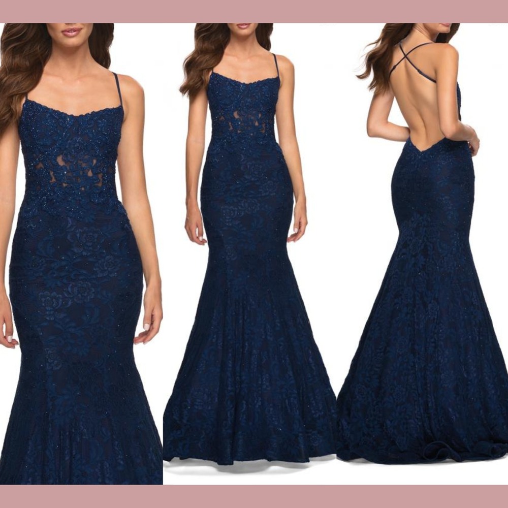 NWT $518 La Femme [ 8 ] Open back Stretch Lace Mermaid Gown in‎ Navy Blue J1379